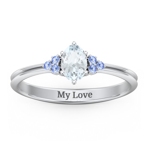 Solitaire Oval with Triple Accents Ring – Sterling Silver with Aquamarine and Fancy Blue Premium Zirconia