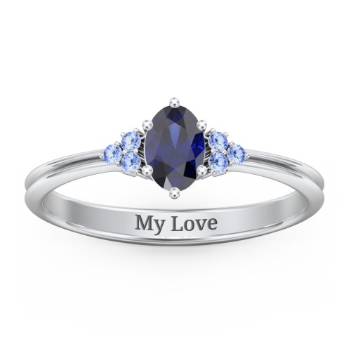 Solitaire Oval with Triple Accents Ring – Sterling Silver with Blue Sapphire and Fancy Blue Premium Zirconia