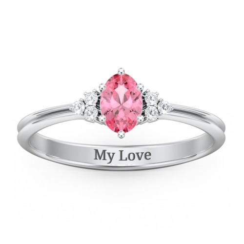Solitaire Oval with Triple Accents Ring – Sterling Silver with Pink Tourmaline and White Premium Zirconia