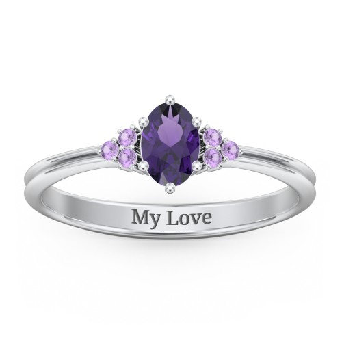 Solitaire Oval with Triple Accents Ring – Sterling Silver with Amethyst and Amethyst Premium Zirconia