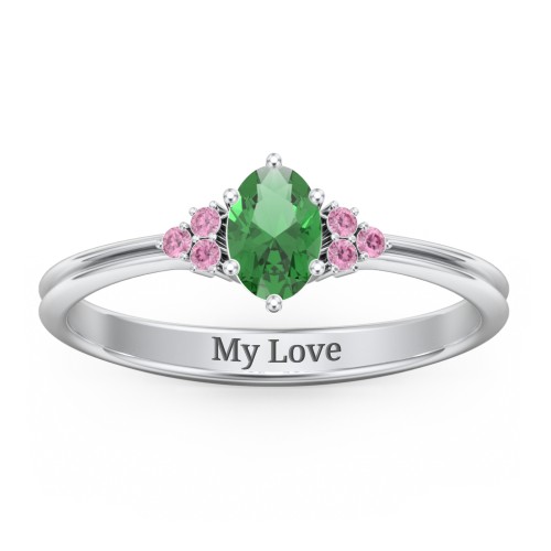 Solitaire Oval with Triple Accents Ring – Sterling Silver with Emerald and Red Premium Zirconia