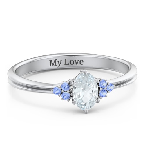 Solitaire Oval with Triple Accents Ring – Sterling Silver with Aquamarine and Fancy Blue Premium Zirconia