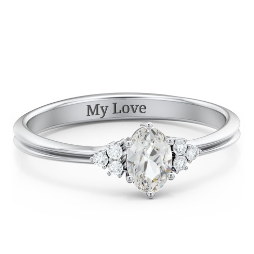 Solitaire Oval with Triple Accents Ring – Sterling Silver with Cubic Zirconia and White Premium Zirconia