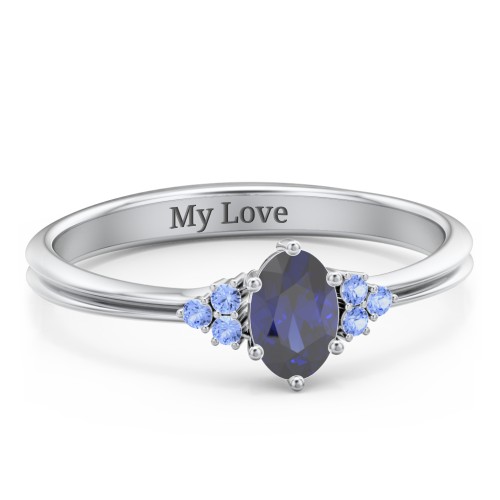 Solitaire Oval with Triple Accents Ring – Sterling Silver with Blue Sapphire and Fancy Blue Premium Zirconia