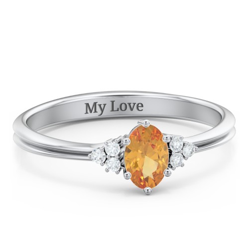 Solitaire Oval with Triple Accents Ring – Sterling Silver with Citrine and Diamond