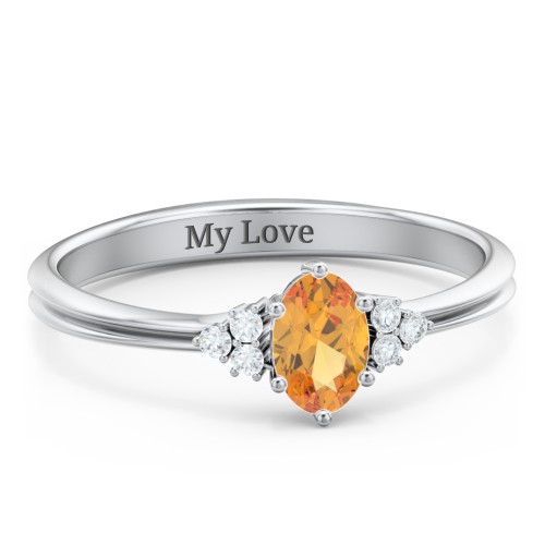 Solitaire Oval with Triple Accents Ring – Sterling Silver with Citrine and Diamond