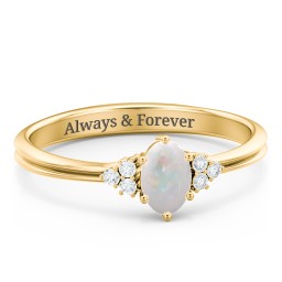 Solitaire Oval with Triple Accents Ring in 10K Solid Yellow Gold with Opal, White Premium Zirconia, and Cubic Zirconia