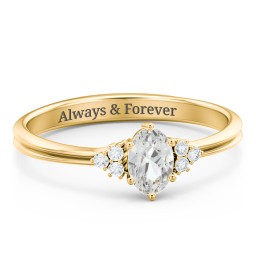 Solitaire Oval with Triple Accents Ring in 10K Solid Yellow Gold with Cubic Zirconia and White Premium Zirconia