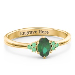 Solitaire Oval with Triple Accents Ring in 10K Solid Yellow Gold with Emerald, Green Premium Zirconia, and Cubic Zirconia