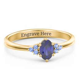 Solitaire Oval with Triple Accents Ring in 10K Solid Yellow Gold with Blue Sapphire, Fancy Blue Premium Zirconia, and Cubic Zirconia