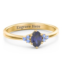 Solitaire Oval with Triple Accents Ring in 10K Solid Yellow Gold with Blue Sapphire, Fancy Blue Premium Zirconia, and Cubic Zirconia