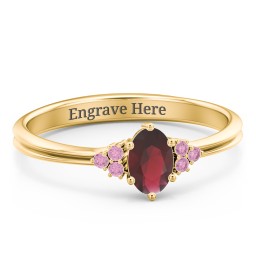 Solitaire Oval with Triple Accents Ring in 10K Solid Yellow Gold with Garnet and Red Premium Zirconia