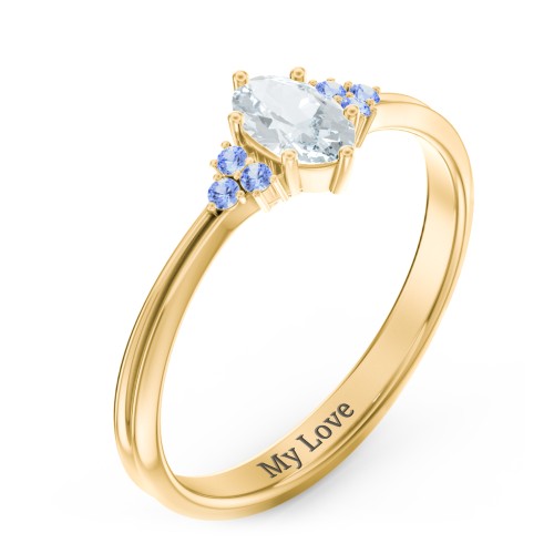Solitaire Oval with Triple Accents Ring – 10K Yellow Gold with Aquamarine and Fancy Blue Premium Zirconia