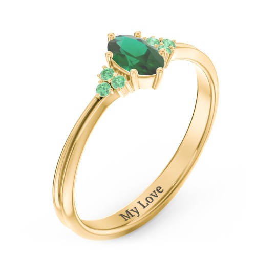 Solitaire Oval with Triple Accents Ring – 10K Yellow Gold with Emerald and Green Premium Zirconia