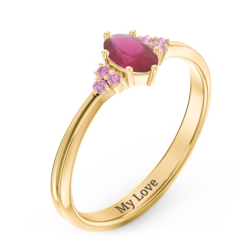 Solitaire Oval with Triple Accents Ring – 10K Yellow Gold with Ruby and Red Premium Zirconia