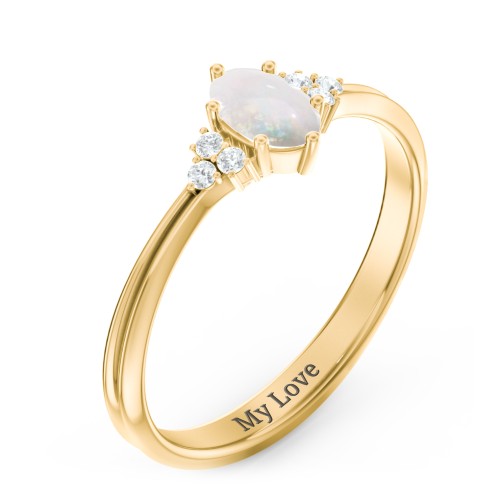 Solitaire Oval with Triple Accents Ring – 10K Yellow Gold with Opal and White Premium Zirconia