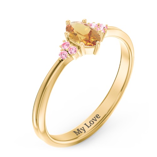 Solitaire Oval with Triple Accents Ring – 10K Yellow Gold with Citrine and Fancy Pink Premium Zirconia