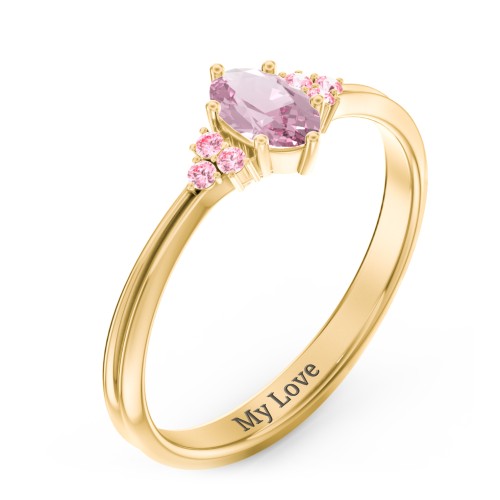 Solitaire Oval with Triple Accents Ring – 10K Yellow Gold with Pink Tourmaline and Fancy Pink Premium Zirconia