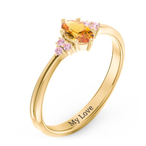 Solitaire Oval with Triple Accents Ring – 10K Yellow Gold with Citrine and Fancy Pink Premium Zirconia