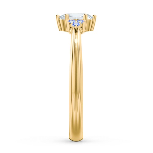 Solitaire Oval with Triple Accents Ring – 10K Yellow Gold with Aquamarine and Fancy Blue Premium Zirconia