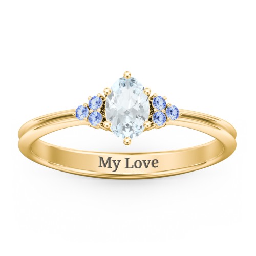 Solitaire Oval with Triple Accents Ring – 10K Yellow Gold with Aquamarine and Fancy Blue Premium Zirconia