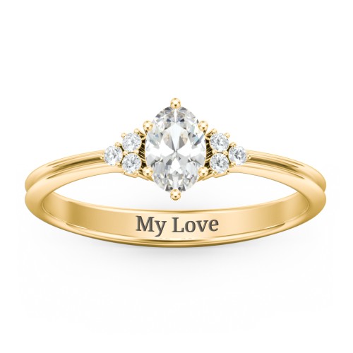Solitaire Oval with Triple Accents Ring – 10K Yellow Gold with Cubic Zirconia and White Premium Zirconia