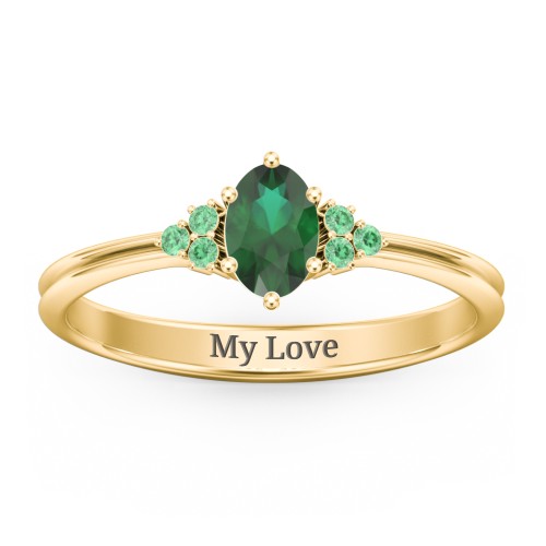 Solitaire Oval with Triple Accents Ring – 10K Yellow Gold with Emerald and Green Premium Zirconia