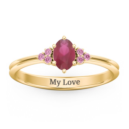 Solitaire Oval with Triple Accents Ring – 10K Yellow Gold with Ruby and Red Premium Zirconia
