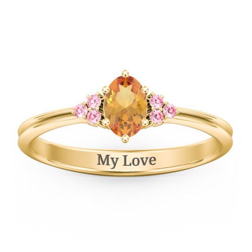 Solitaire Oval with Triple Accents Ring – 10K Yellow Gold with Citrine and Fancy Pink Premium Zirconia