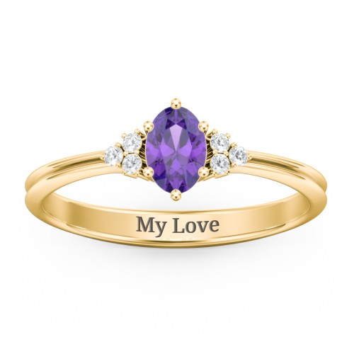 Solitaire Oval with Triple Accents Ring – 10K Yellow Gold with Amethyst and White Premium Zirconia