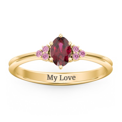Solitaire Oval with Triple Accents Ring – 10K Yellow Gold with Ruby and Red Premium Zirconia