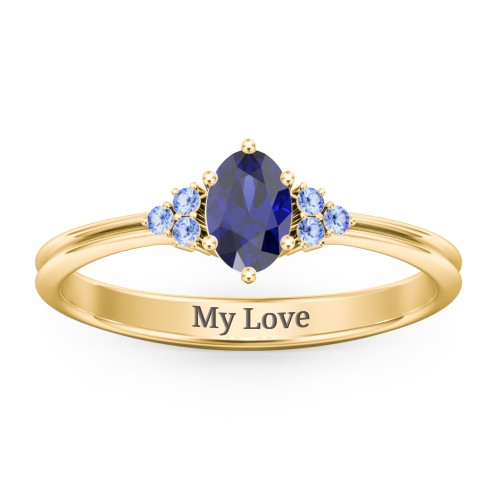 Solitaire Oval with Triple Accents Ring – 10K Yellow Gold with Blue Sapphire and Fancy Blue Premium Zirconia