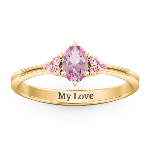 Solitaire Oval with Triple Accents Ring – 10K Yellow Gold with Pink Tourmaline and Fancy Pink Premium Zirconia