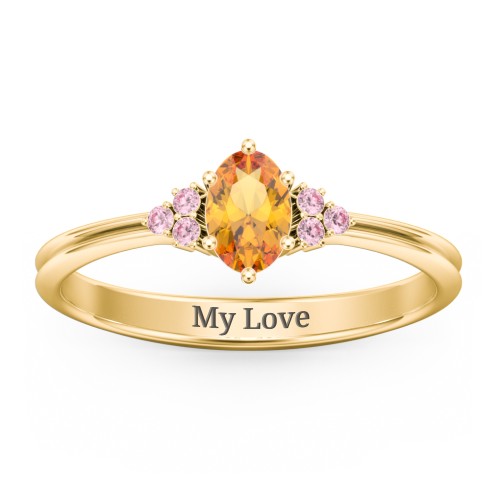 Solitaire Oval with Triple Accents Ring – 10K Yellow Gold with Citrine and Fancy Pink Premium Zirconia