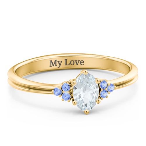 Solitaire Oval with Triple Accents Ring – 10K Yellow Gold with Aquamarine and Fancy Blue Premium Zirconia