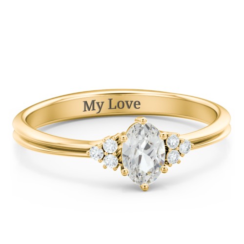 Solitaire Oval with Triple Accents Ring – 10K Yellow Gold with Cubic Zirconia and White Premium Zirconia