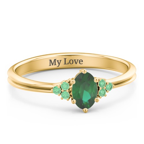 Solitaire Oval with Triple Accents Ring – 10K Yellow Gold with Emerald and Green Premium Zirconia