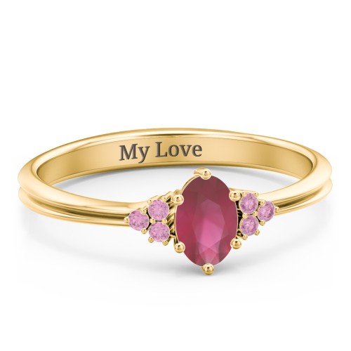 Solitaire Oval with Triple Accents Ring – 10K Yellow Gold with Ruby and Red Premium Zirconia
