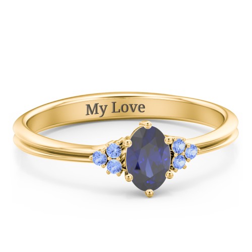 Solitaire Oval with Triple Accents Ring – 10K Yellow Gold with Blue Sapphire and Fancy Blue Premium Zirconia