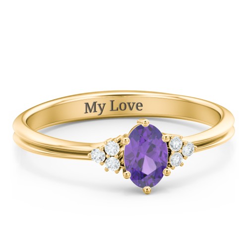 Solitaire Oval with Triple Accents Ring – 10K Yellow Gold with Amethyst and White Premium Zirconia