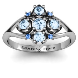 Round Stone "Beehive" Bloom Ring with Acccents in 925 Sterling Silver with Aquamarine and Fancy Blue Premium Zirconia