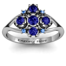 Round Stone "Beehive" Bloom Ring with Acccents in 925 Sterling Silver with Blue Sapphire and Fancy Blue Premium Zirconia