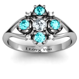 Round Stone "Beehive" Bloom Ring with Acccents in 925 Sterling Silver with Cubic Zirconia, Mint Premium Zirconia, and White Premium Zirconia
