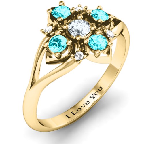 Round Stone "Beehive" Bloom Ring with Acccents – 10K Yellow Gold with Cubic Zirconia, Mint Premium Zirconia, and White Premium Zirconia