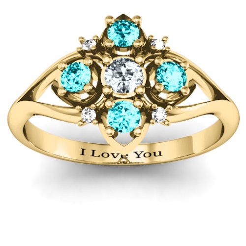 Round Stone "Beehive" Bloom Ring with Acccents – 10K Yellow Gold with Cubic Zirconia, Mint Premium Zirconia, and White Premium Zirconia