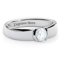 Half Bezel Set Round Stone Ring with Wide Band in 925 Sterling Silver with Aquamarine