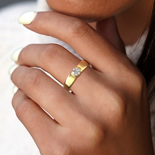 Half Bezel Set Round Stone Ring with Wide Band