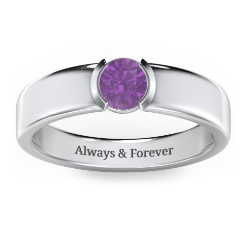 Half Bezel Set Round Stone Ring with Wide Band – Sterling Silver with Amethyst