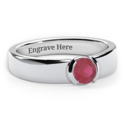 Half Bezel Set Round Stone Ring with Wide Band in 925 Sterling Silver with Ruby