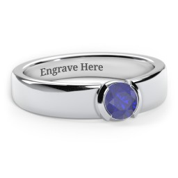Half Bezel Set Round Stone Ring with Wide Band in 925 Sterling Silver with Fancy Blue Premium Zirconia